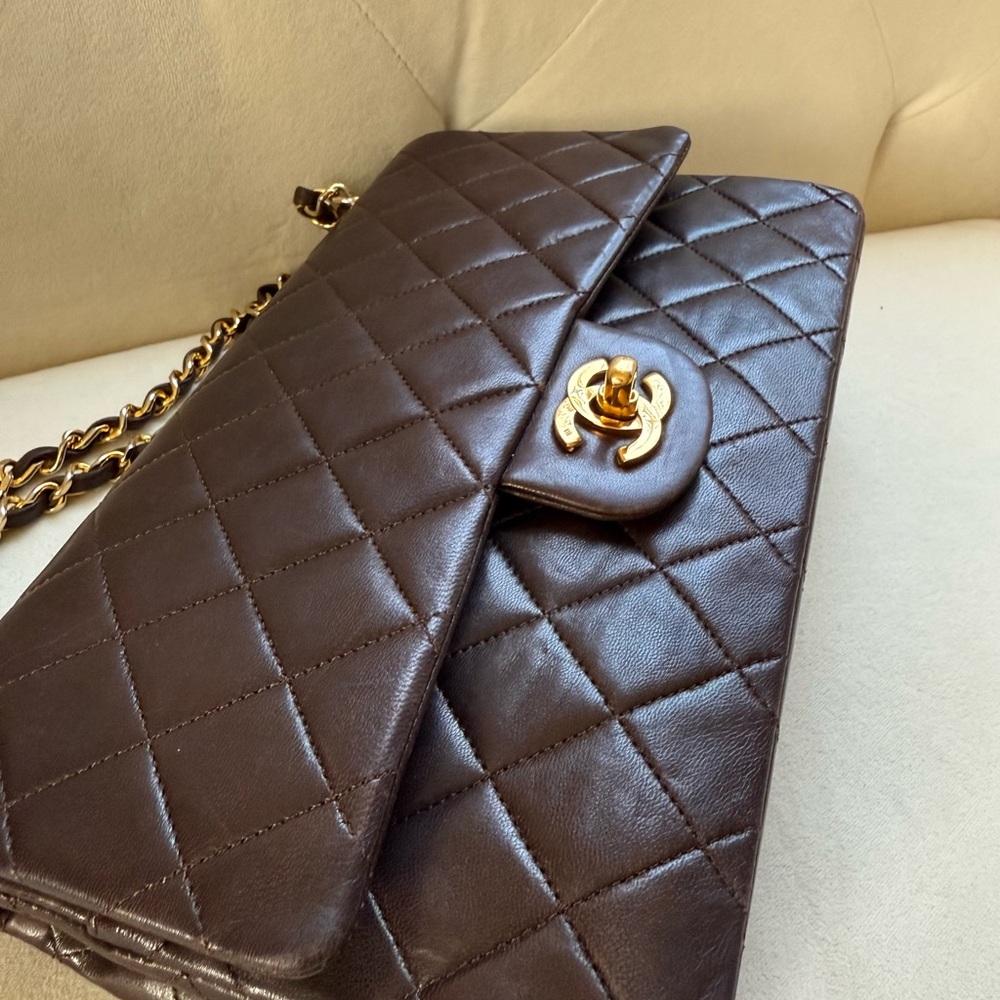 Rare🤎Chanel Classic Double Flap Brown Quilted Lambskin within 24K Gold Plated - Picture 5 of 16
